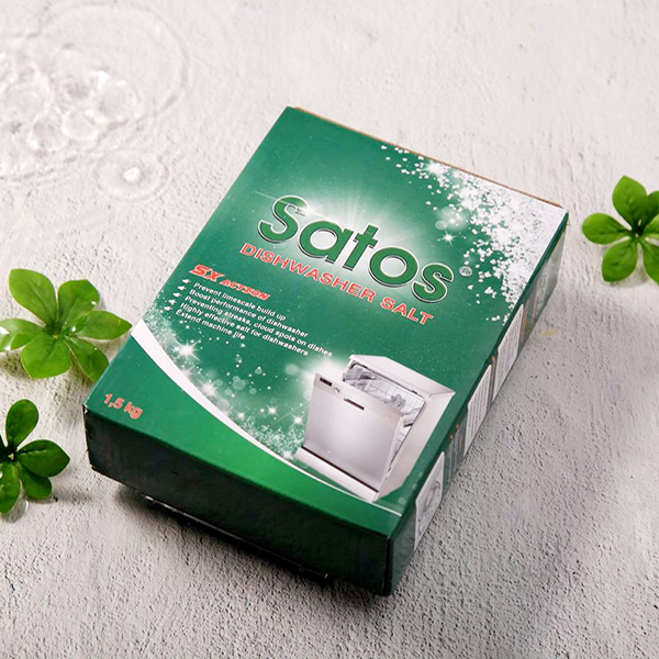 Muối rửa bát Satos 1.5kg, Kèm que thử nước cứng, dành cho các loại máy rửa bát, độ tinh khiết đạt 99.4%. Có bao bì nilon đảm bảo không bị ẩm trong suốt quá trình bảo quản