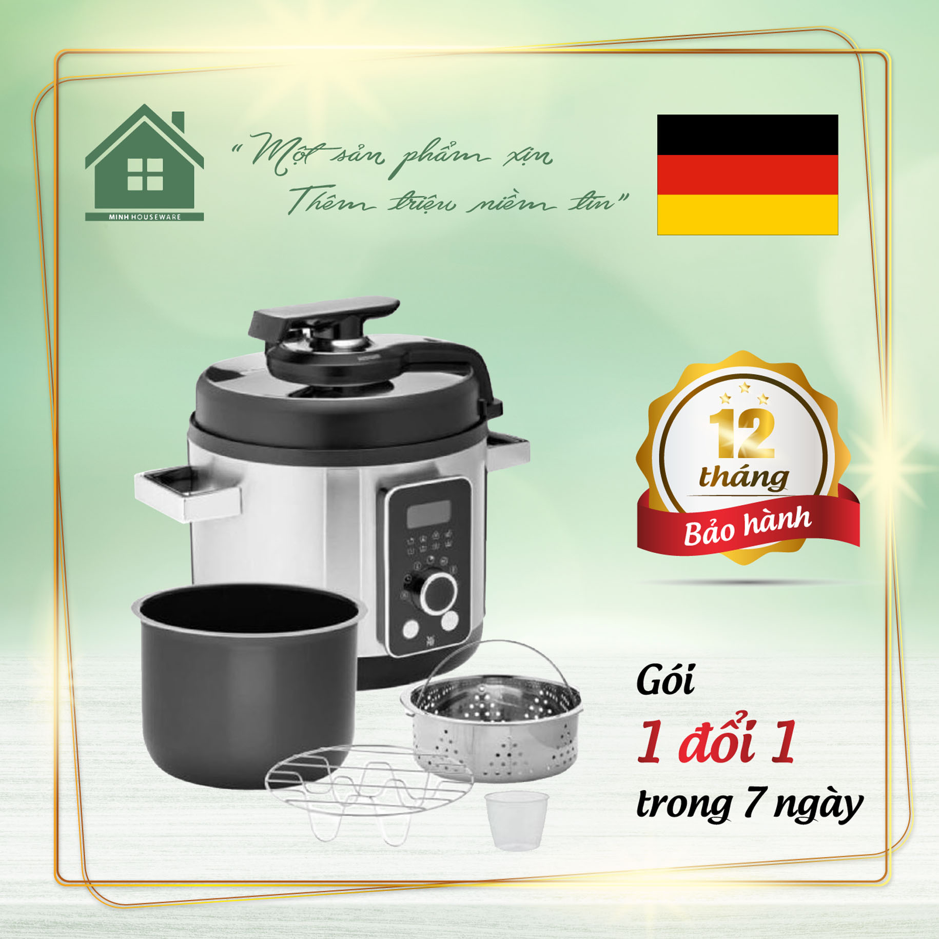 Nồi áp suất wmf lono 8in1 - tuỳ chỉnh mức áp suất, hẹn thời gian nấu, nấu cơm chậm kiểu âu giữ trọn vị thực phẩm, van xả hơi tự động an toàn chống bỏng nhập khẩu đức - minh housewares bảo hành 12 tháng, 1 đổi 1 trong 7 ngày nếu lỗi nsx