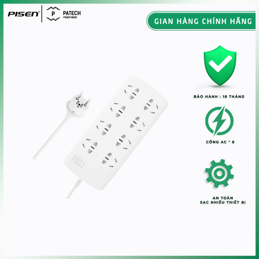 Ổ cắm điện Pisen 008, 8 cổng AC 220V, màng che chống giật an toàn cho trẻ nhỏ, vật liệu chống cháy an toàn, bảo hành 18 tháng - Hàng chính hãng