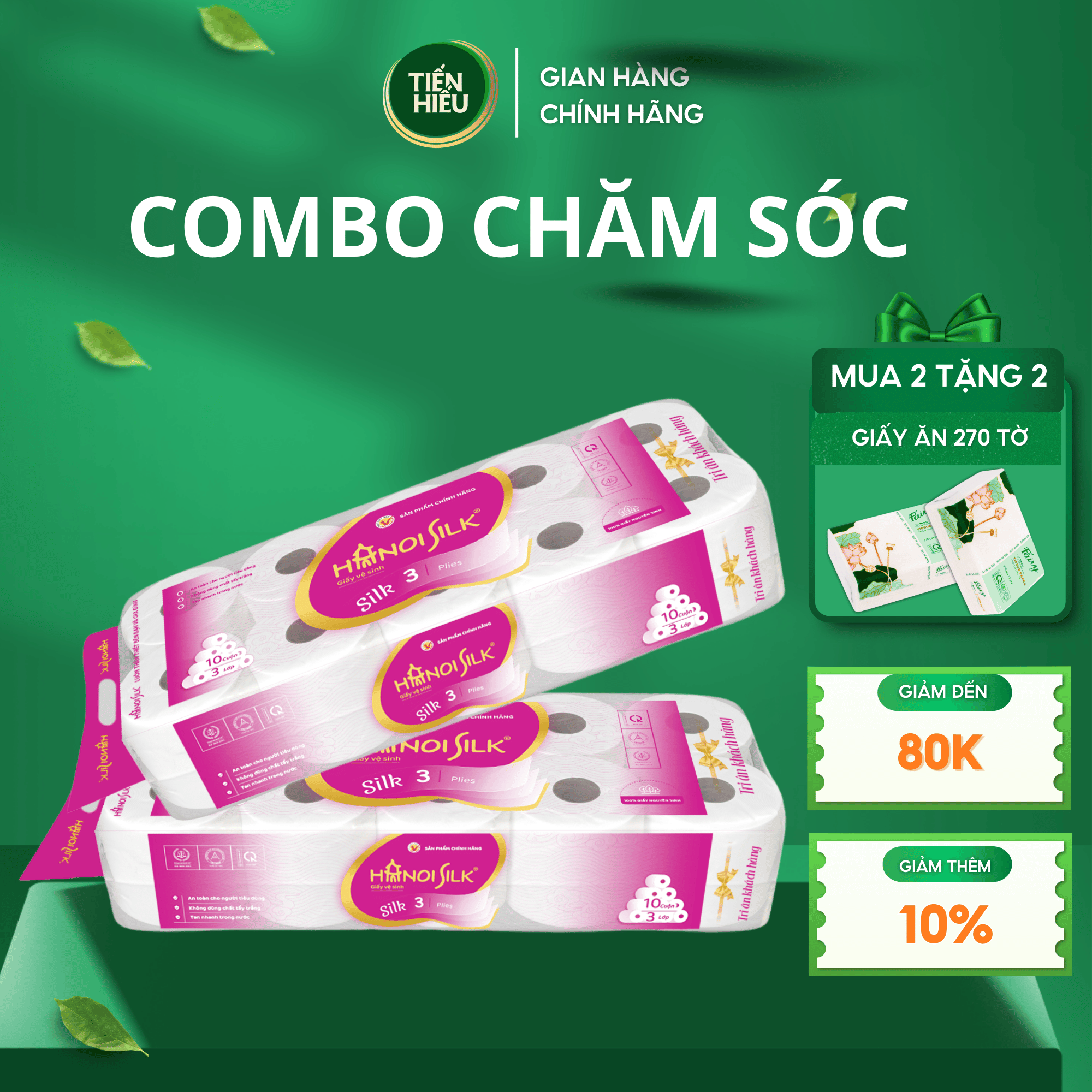 Combo 20 Cuộn Giấy Vệ Sinh Hà Nội Silk 3 Lớp Tím Có Lõi Mềm Mịn Tan Nhanh, Tặng Kèm 2 Bịch Giấy Ăn Rút Đa Năng 270 Tờ
