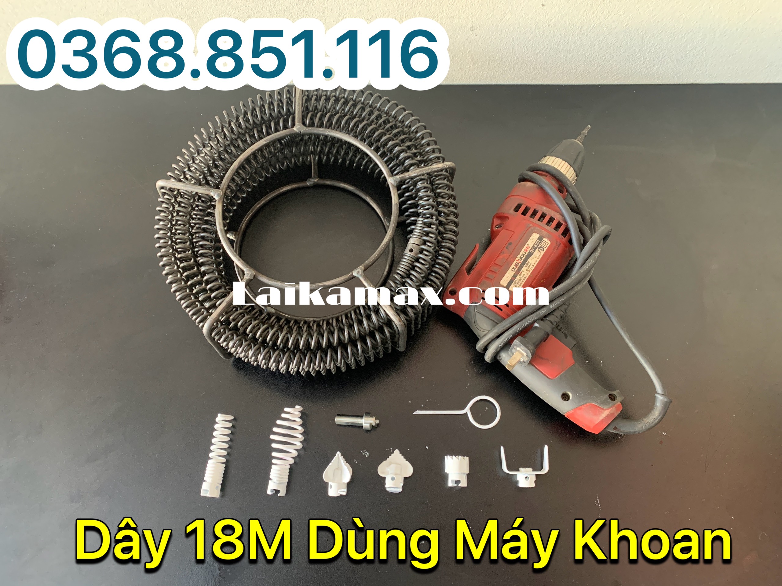 Dây thông tắc cống lò xo dùng máy khoan dài 18m + 6 đầu thông + kết nối máy khoan
