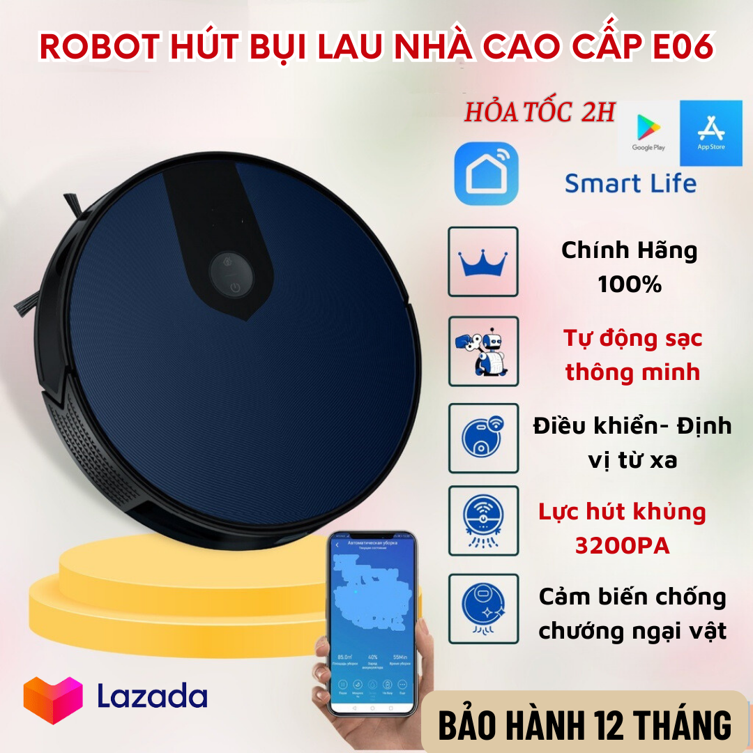 Robot hút bụi lau nhà Đức E06 Lau khô ướt Hộp nước riêng Sạc tự động Cảm biến chống rơi Làm việc theo sơ đồ