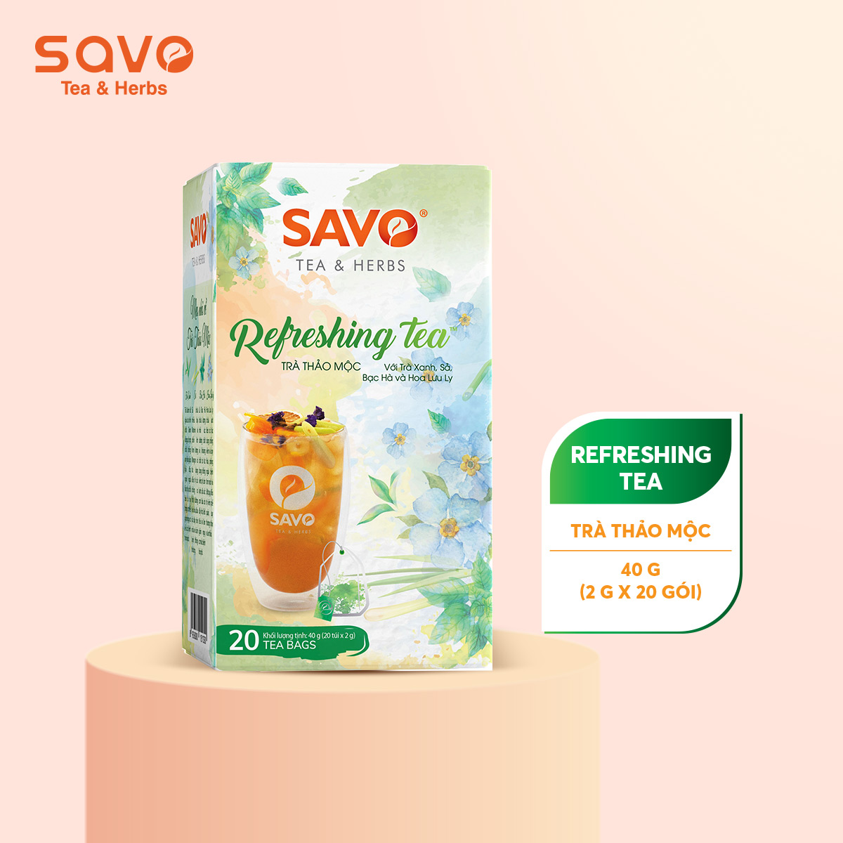Trà thảo mộc bạc hà sả hoa lưu ly savo refreshing - hộp 20 gói x 2.g