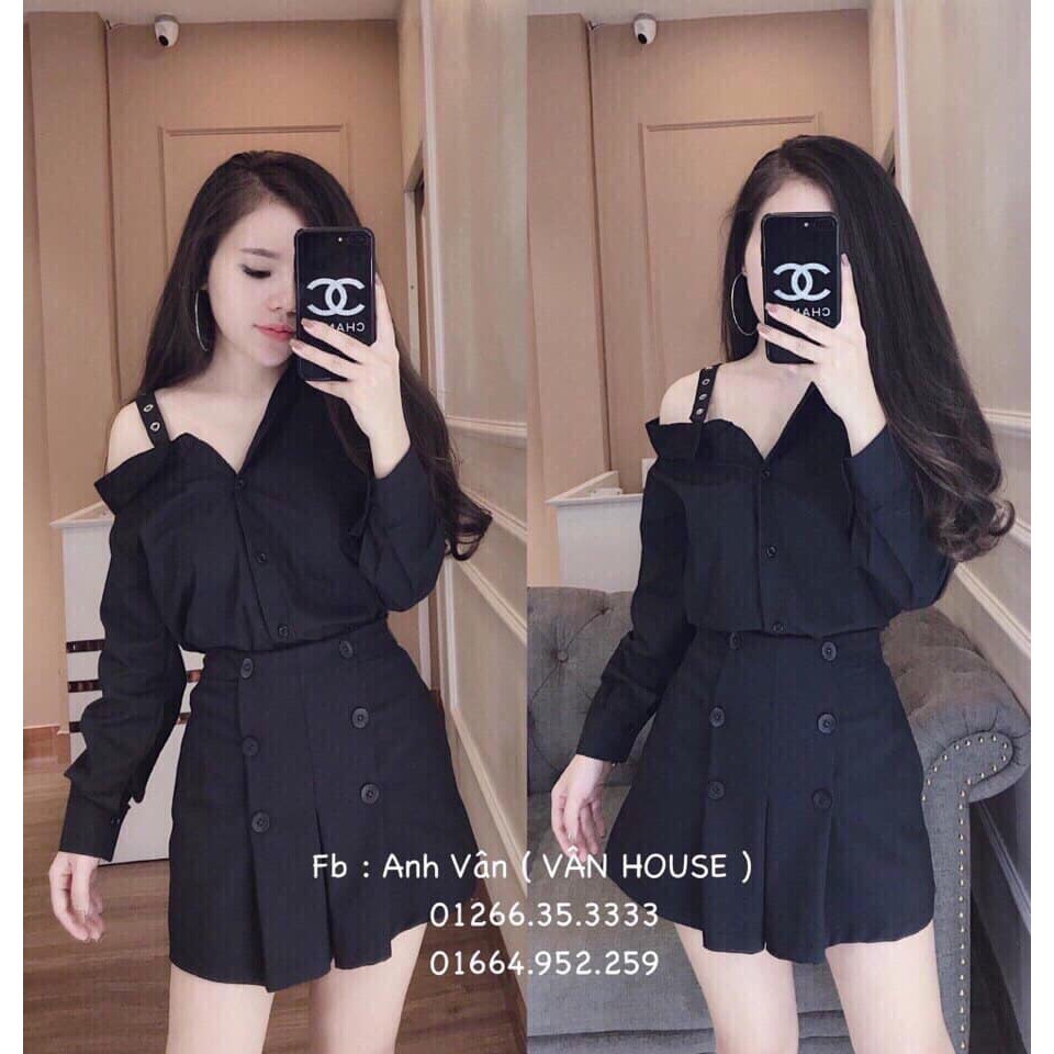 Set Thiế.t K.ế Áo Sơ Mi Lệ.ch Vai và Chân Váy Xòe