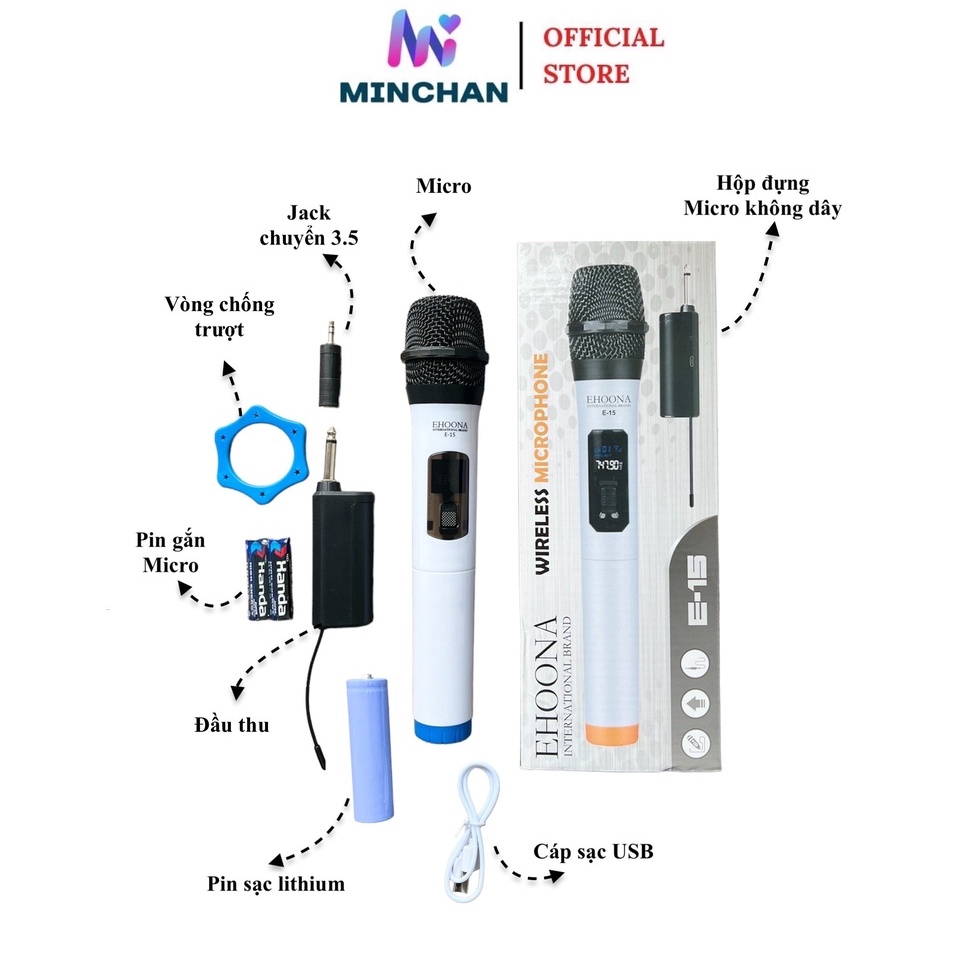 Micro karaoke không dây siêu nhạy hút âm sạc pin uhf ehoona e-15 dành cho loa kéo loa bluetooth amply zack cắm micro 6.5mm e15