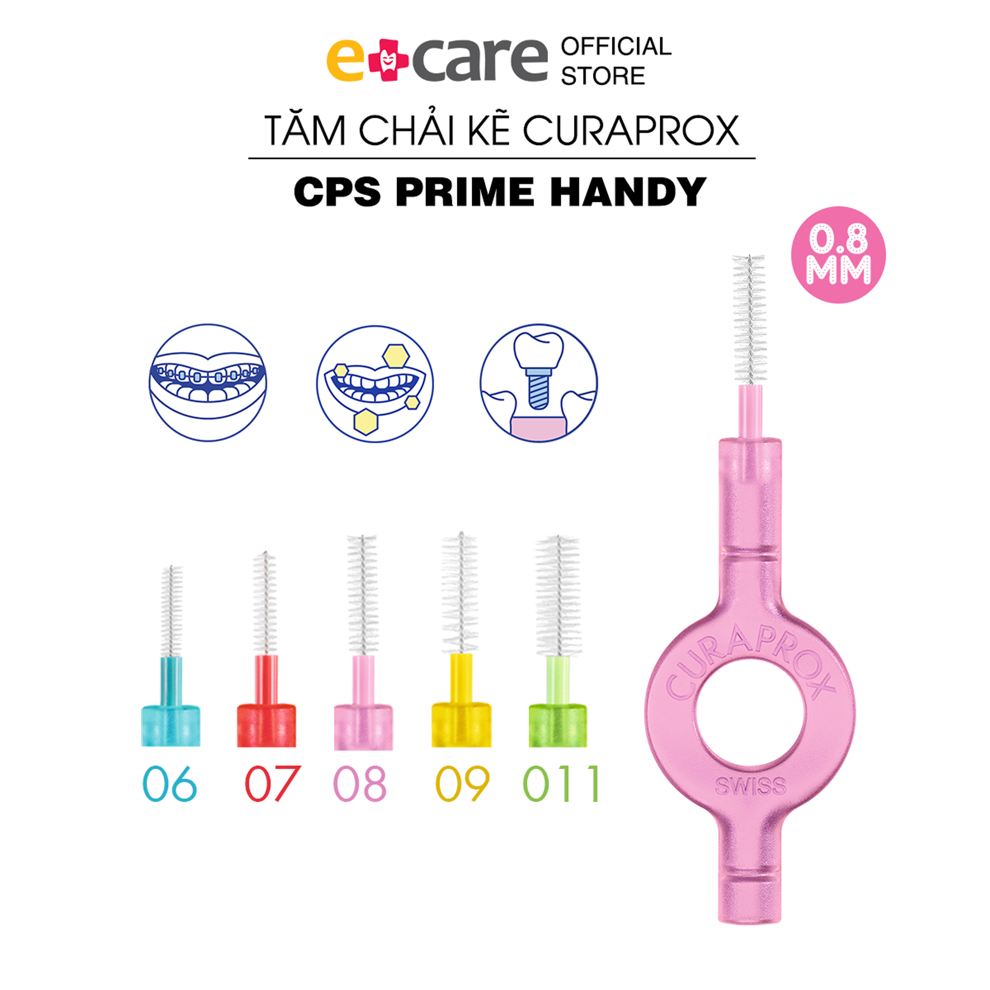 Bộ 5 tăm kẽ răng curaprox cps prime handy 0.8mm màu hồng