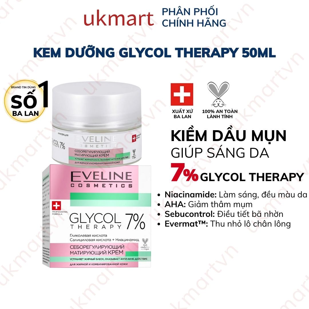 Kem Dưỡng Eveline Glycol Therapy 7% Anti Wrinkle Correcting Cream 50ml Trẻ Hoá Phục Hồi Da Với 5% Glycolic Acid