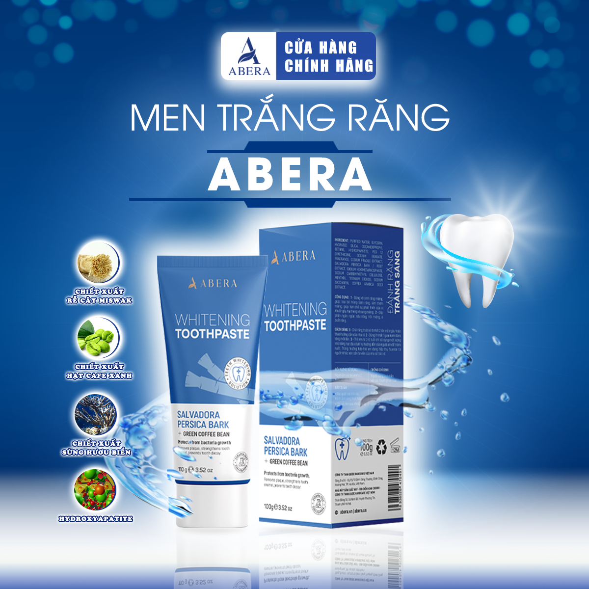 Men Trắng Răng Abera - Hỗ trợ trắng răng, giảm các vết ố vàng, mảng bám 100g