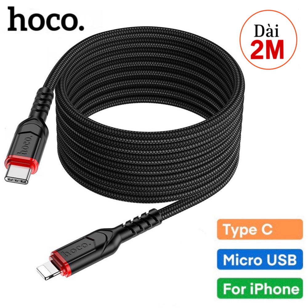 Dây sạc nhanh chính hãng Hoco cáp sạc dài 2M bện dù chống dứt gẫy cho type c micro usb iphone