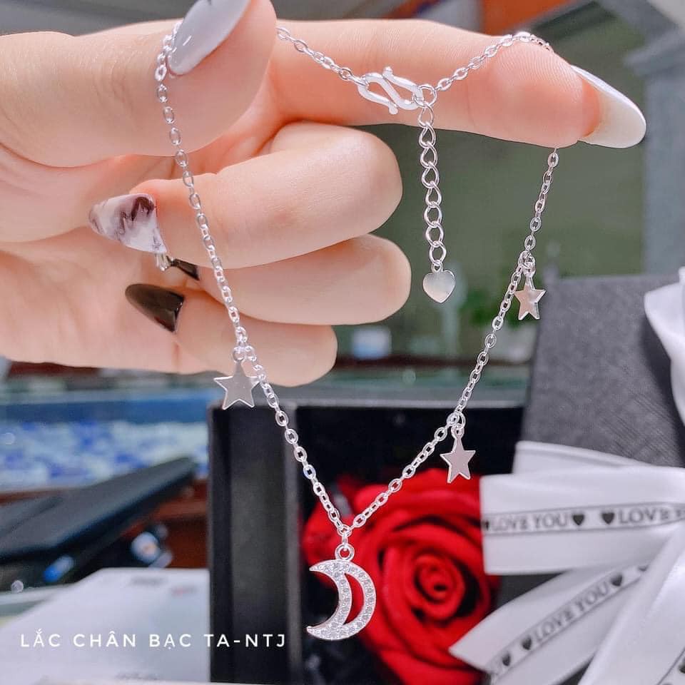 Lắc chân nữ xinh xắn, lắc chân bạc ta gắn trăng sao - Shop bạc BiBi cam kết bạc chuẩn, chất lượng, kèm bảo hành