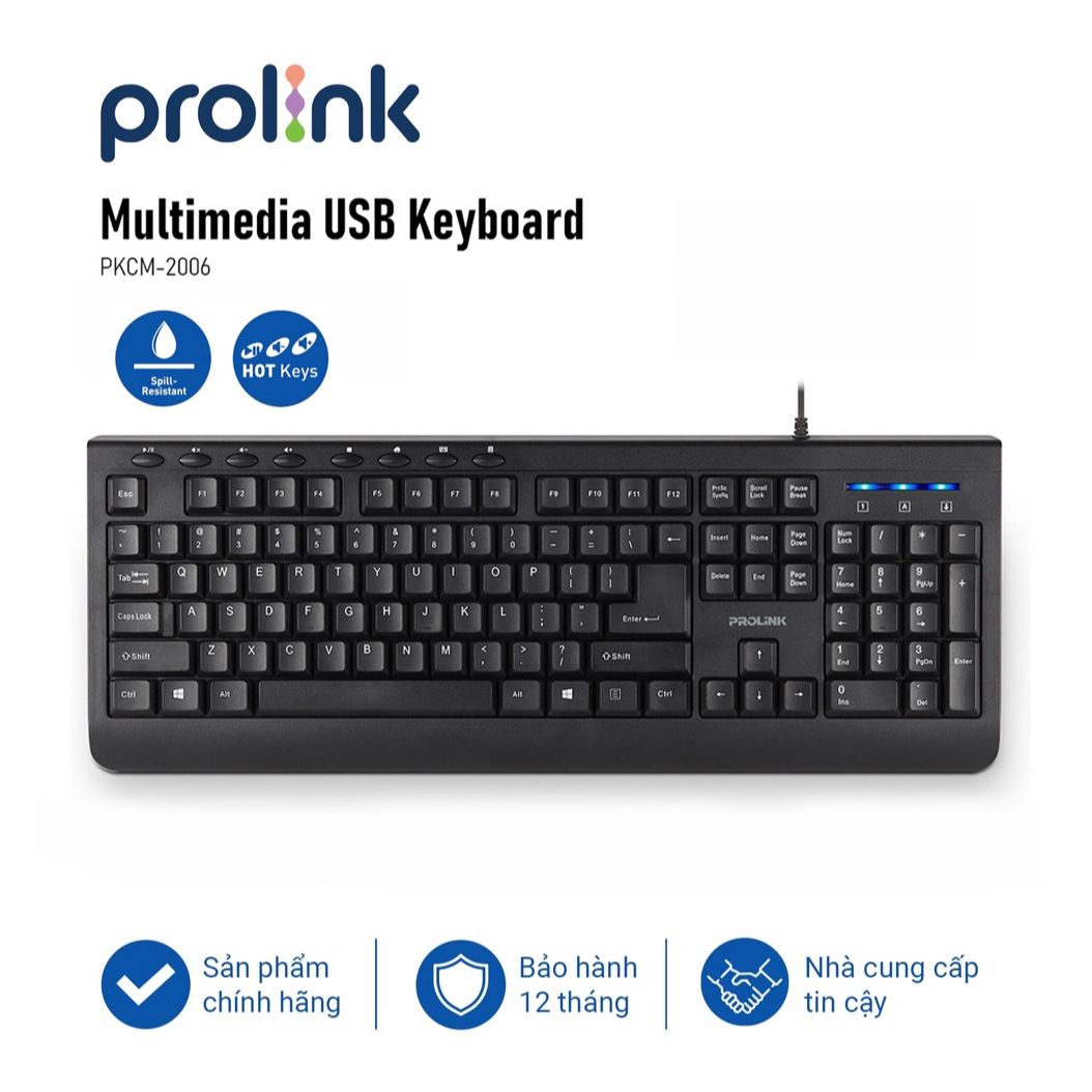 Bàn phím máy tính có dây PROLiNK PKCM2006 Fullsize giá rẻ, phím chống ồn dùng cho PC, Laptop