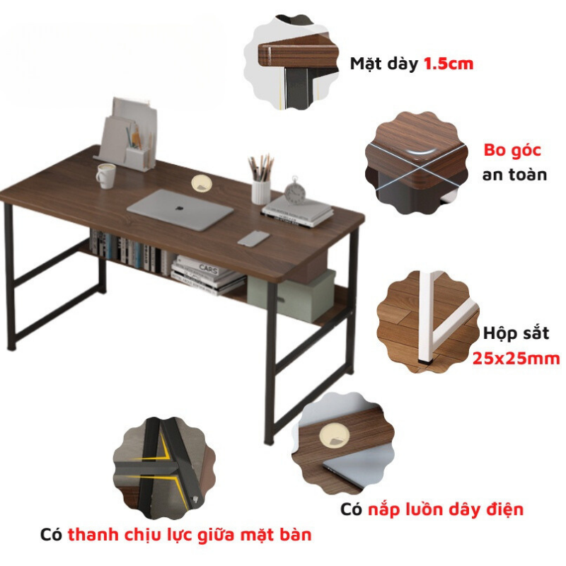 Bàn làm việc có giá sách kèm kệ lửng thiết kế hiện đại tiện nghi, Bàn học để laptop sách vở chân sắt sơn tĩnh điện chắc chắn