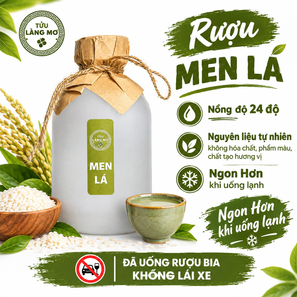 [Rượu Men Lá Chai 500ML] Tửu Làng Mơ - Không Phẩm Màu - Không Hương Liệu - Nồng Độ 24%