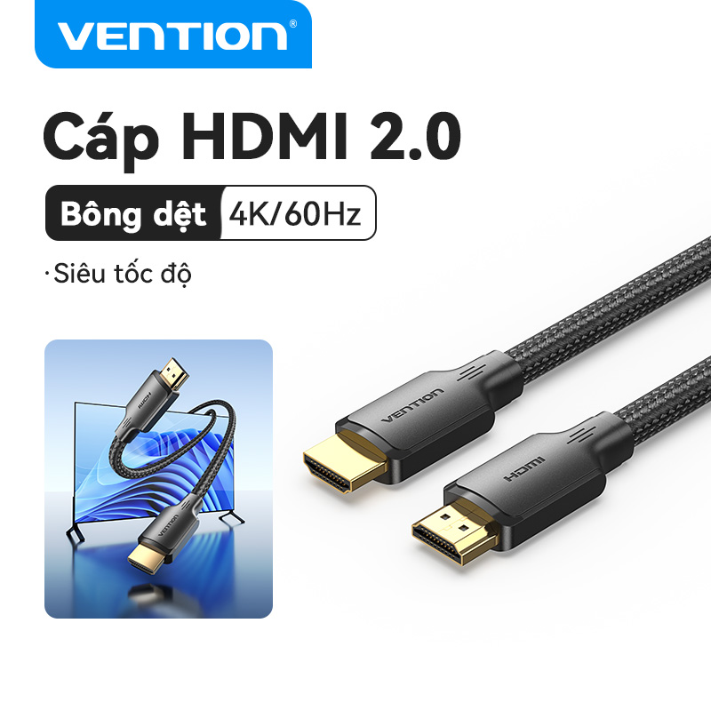 Vention Cáp HDMI 4K HD TV bông lưới dệt HDMI tốc độ cao cáp 2.0 Đực Với đực cáp hiệu ứng 3D laptop máy tính kết nối với máy chiếu màn hình TV HDMI sang HDMI Cáp HDMI máy tính xách tay với TV 0.5M 1m 1.5m 2m 3M 5M 8m 10m 12M 15m 20m