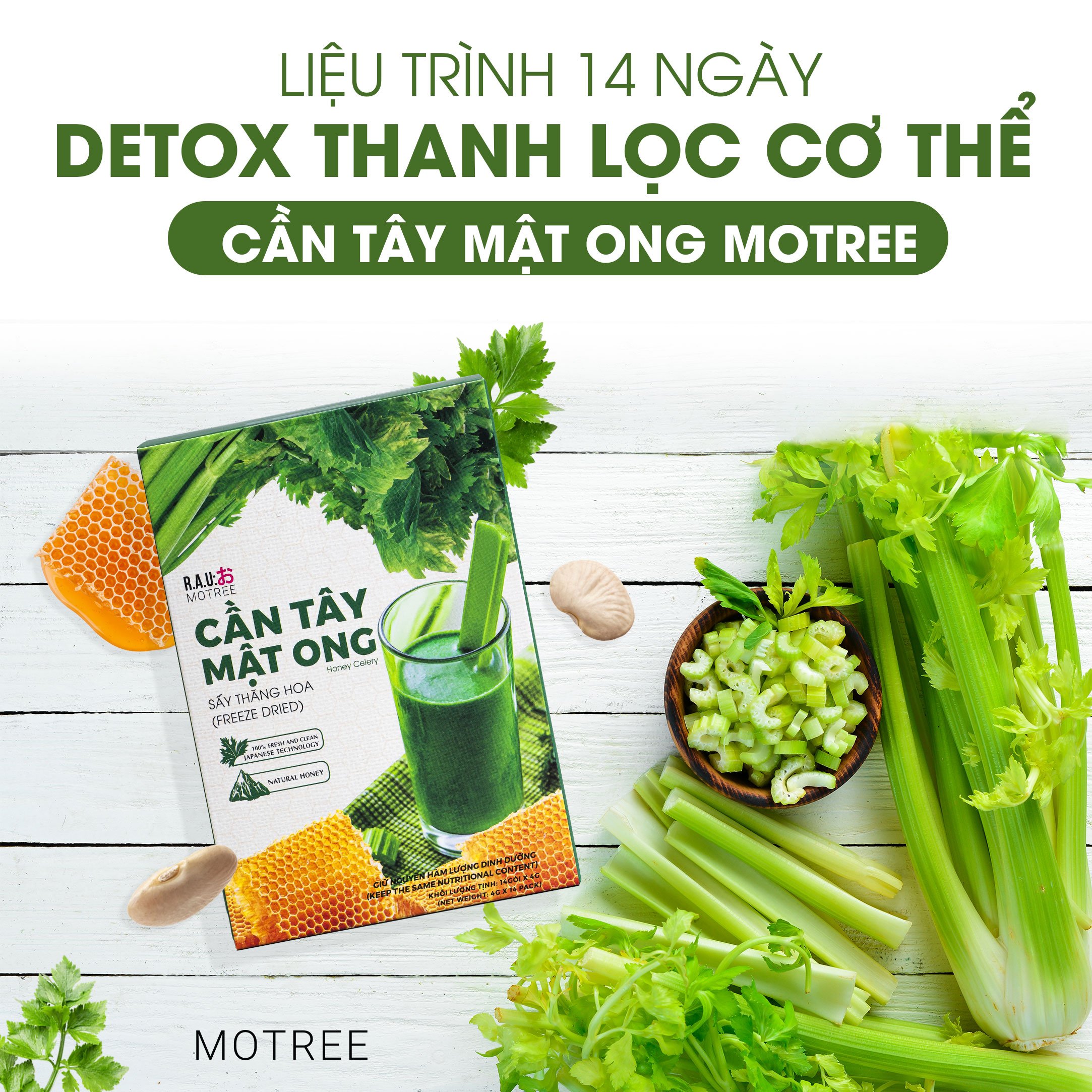 Hộp Bột Cần Tây Mật Ong Motree Mẫu Mới Giúp Giảm Cân, Hết Mụn, Sáng Da, Đẹp Dáng, Đào Thải Mỡ Thừa, Thanh Lọc Cơ Thể [Tặng Kèm 1 Bình Thủy Tinh Cao Cấp khi mua 3 Hộp]