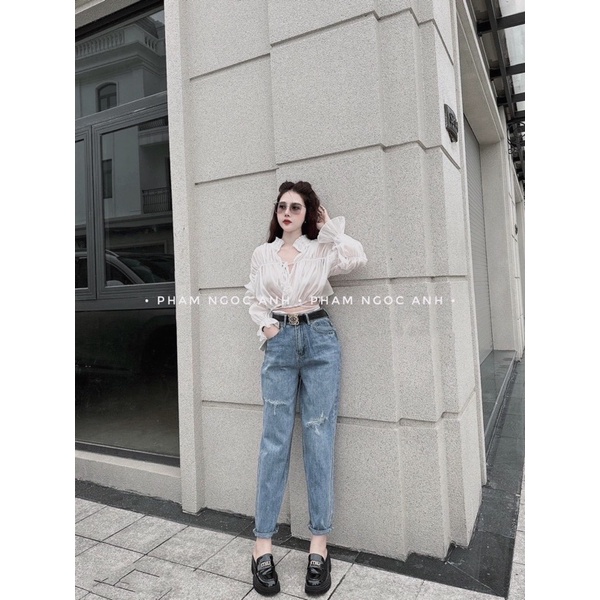 QNU340 - QUẦN JEANS BAGGY NỮ XANH BẠC RÁCH M1155
