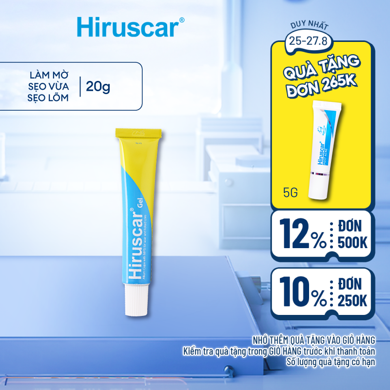 Gel cải thiện sẹo vừa, sẹo lõm, sẹo thâm Hiruscar 20g