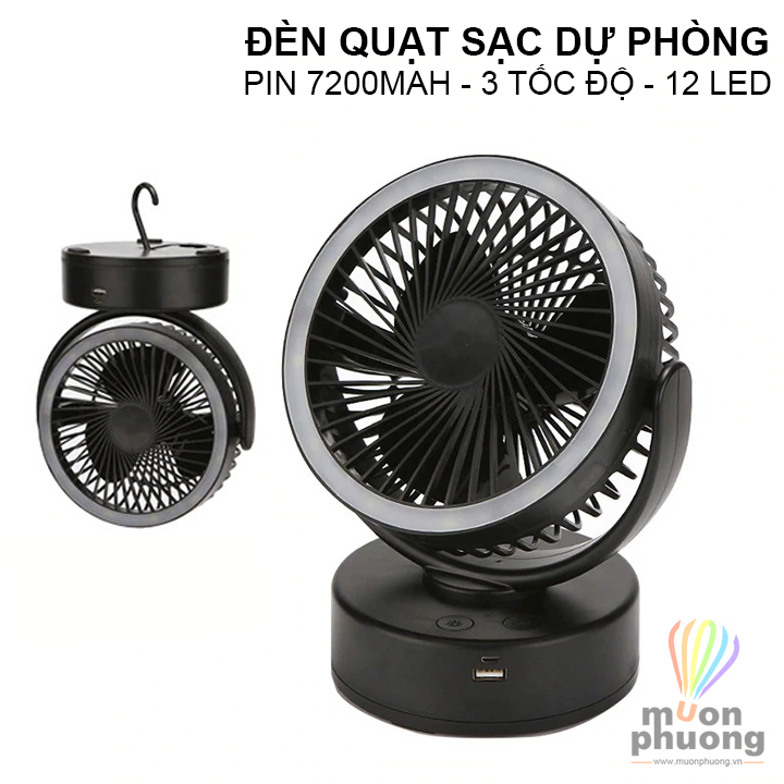 Quạt đèn tích điện - quạt  đèn LED sạc pin dự phòng văn phòng treo lều cắm trại dã ngoại - MUÔN PHƯƠNG SHOP