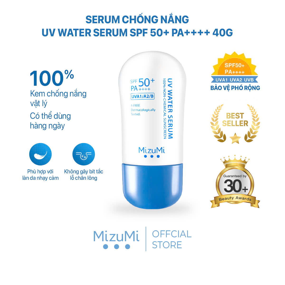 MizuMi Kem Chống Nắng UV Water Serum SPF50+ PA++++ 40g Phổ Rộng