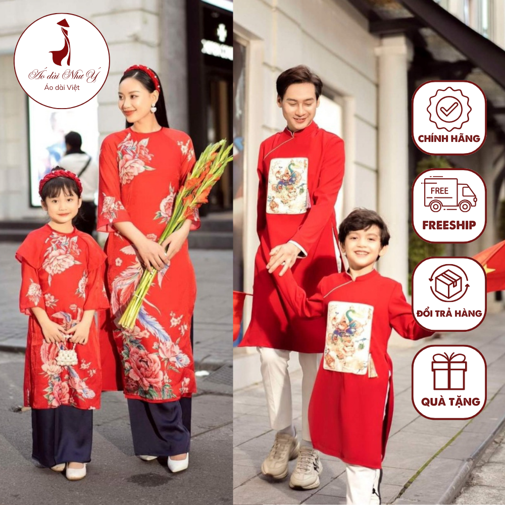 Áo dài cách tân gia đình ❤️freeship❤️ thiết kế chất liệu tafta họa tiết in thêu cao cấp -áo dài như ý - ny07