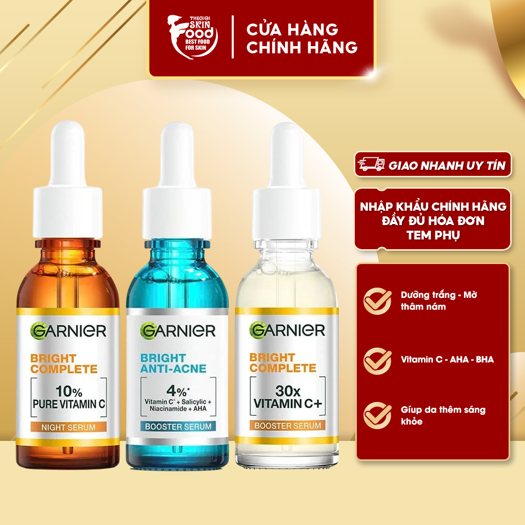 Tinh Chất Hỗ Trợ Dưỡng Sáng Da Mờ Thâm Ngăn Mụn Garnier Light Complete Vitamin C 30X Booster & Skin Naturals Bright Complete Anti - Acne Booster Serum