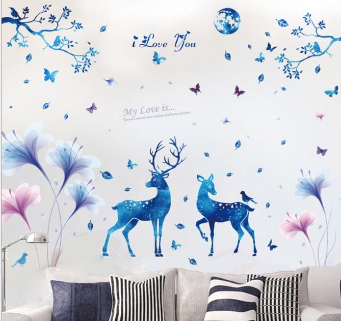 Decal dán tường Hươu và hoa cánh mỏng xanh- M32-vivadecal