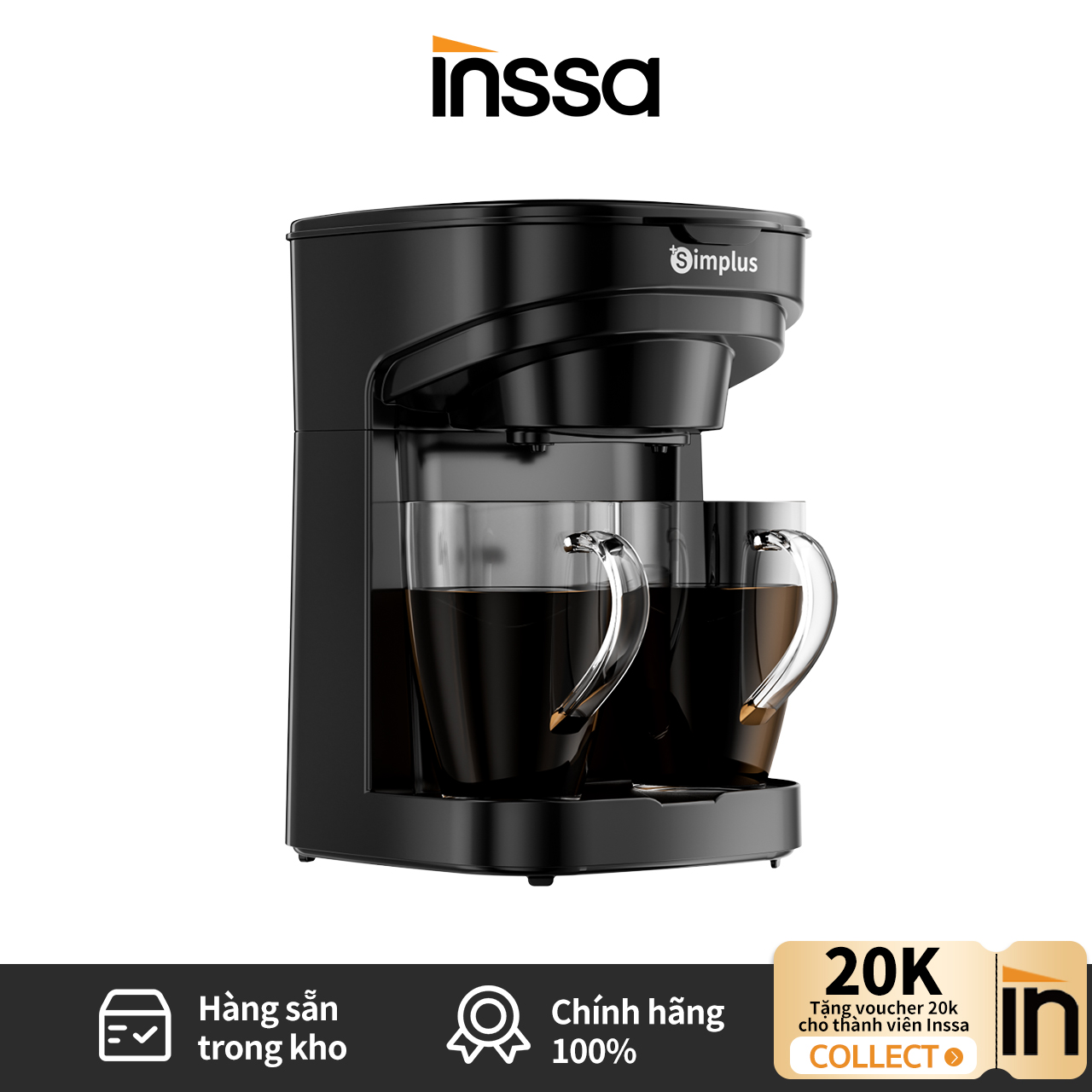 INSSA Máy pha cà phê  Máy pha cà phê nhỏ giọt tại nhà Cốc đôi một nút bấm Thân máy nhỏ gọn Pha cà phê và pha trà KFJH013