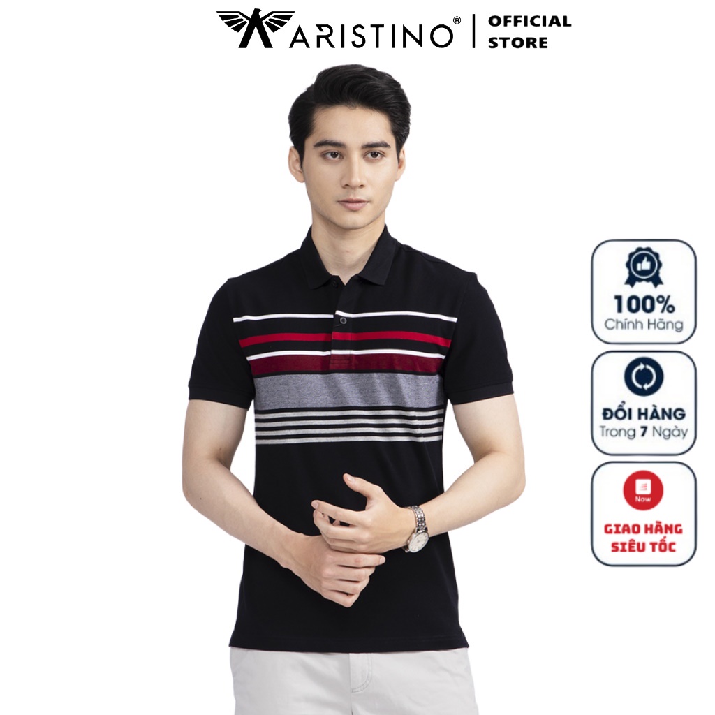 Áo Thun Nam Ngắn Tay ARISTINO APS134S2 Áo Phông T-Shirt slim fit ôm nhẹ màu đen kẻ vải cotton cao cấp