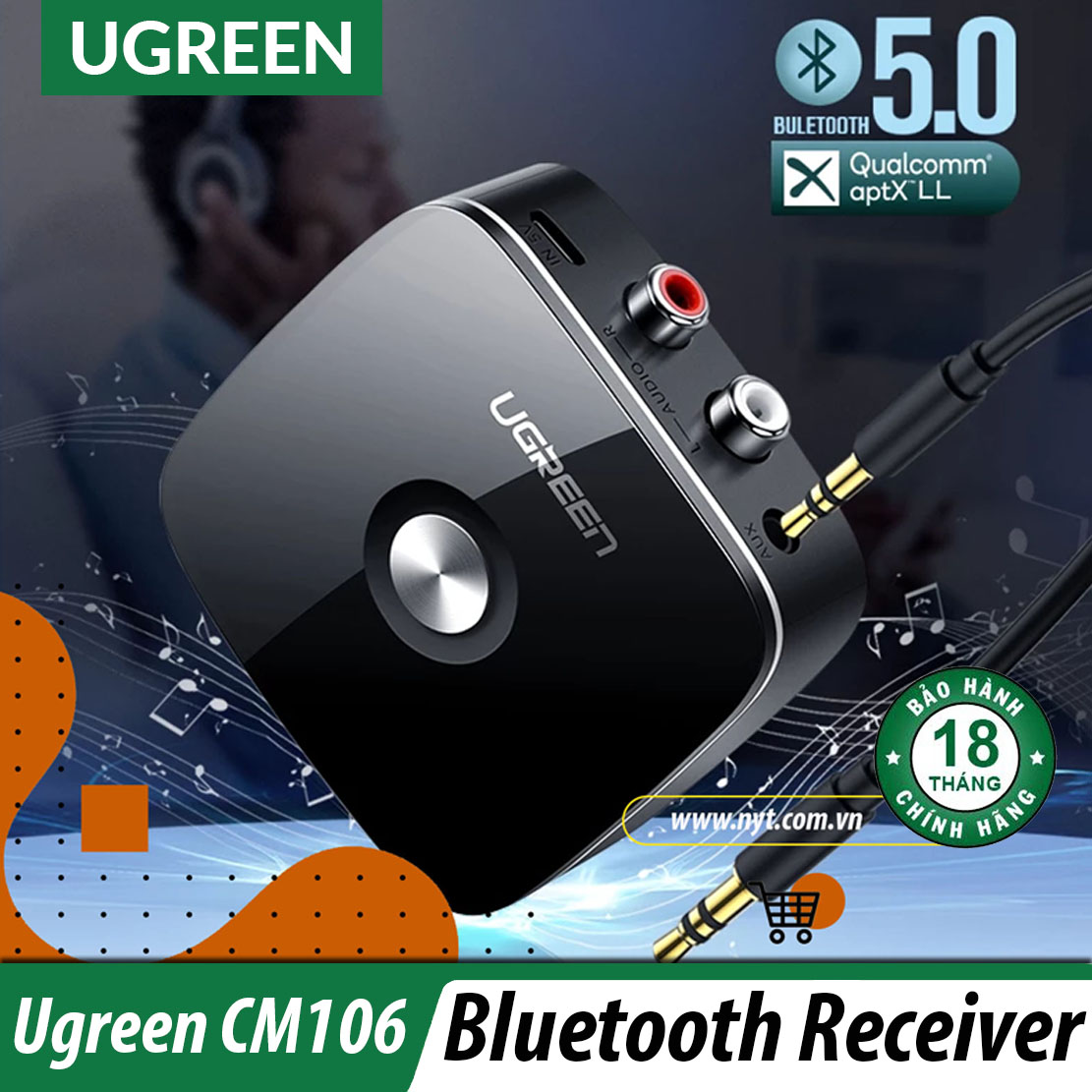[HCM]Thiết Bị Nhận Bluetooth 5.0 Music Receiver chính hãng UGREEN CM123 - Hỗ trợ 3.5mm và 2RCA