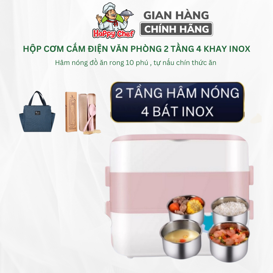 Hộp Cơm Giữ Nhiệt Cắm Điện 2 Tầng 4 Khay Inox , Hộp Cơm Điện, Cà Mèn Cơm, Cặp Lồng Cơm Văn Phòng Hâm Nóng Dung Tích 2L Công Suất 200W, Tự Nấu Chín Đồ Ăn, Bảo Hành 12 Tháng