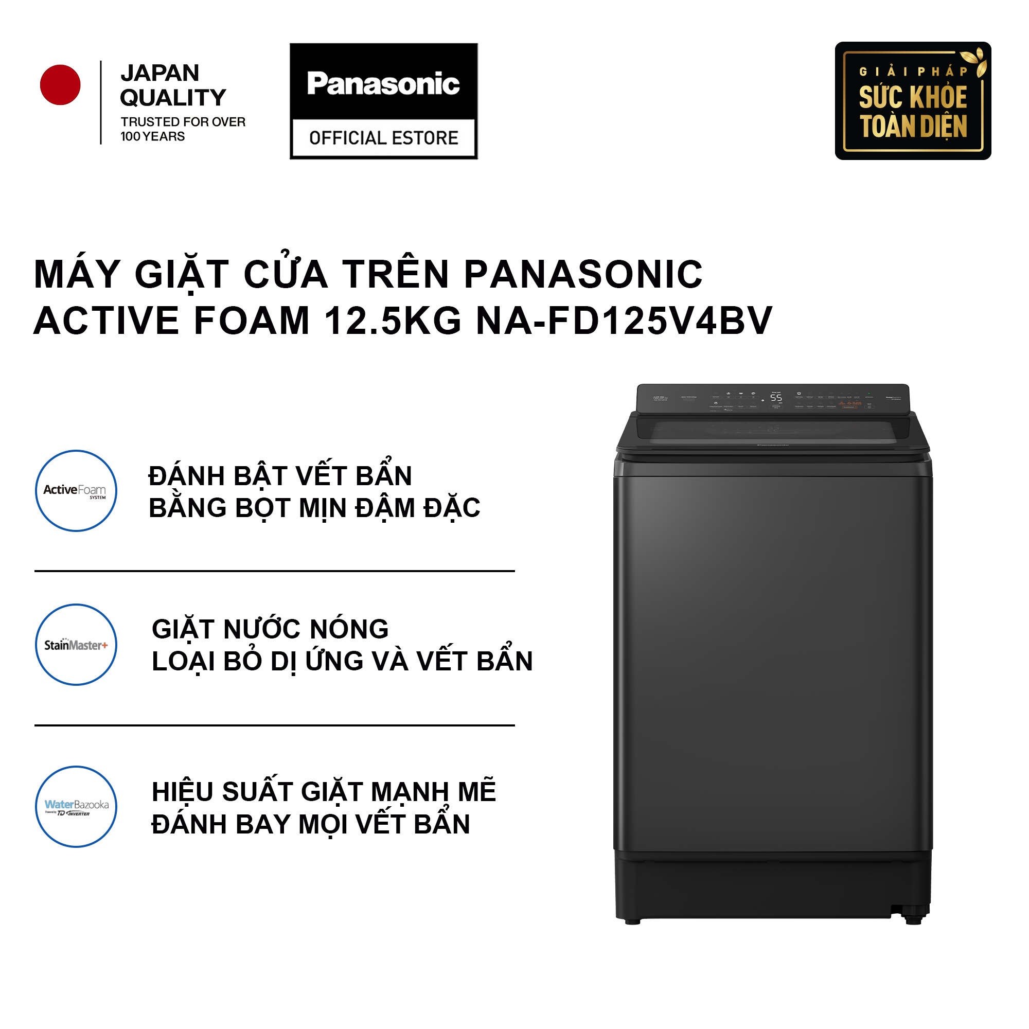 [ Chỉ giao miền Bắc] Máy Giặt Cửa Trên Panasonic 12.5KG NA-FD125V4BV - Giặt nước nóng - Giặt mạnh mẽ, sạch tối ưu - Cảm biến thông minh tự động tối ưu hóa hiệu suất giặt