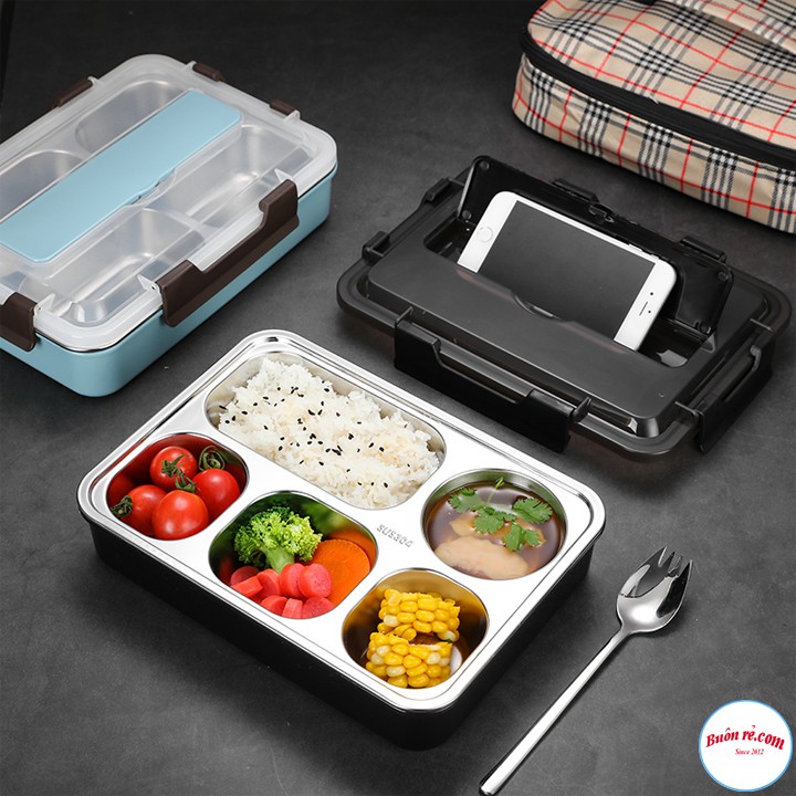 Khay Đựng Cơm 5 Ngăn Bằng Inox + Bộ Thìa Đũa Inox - Hộp Cơm 5 Ngăn Bằng Inox + Bộ Thìa Đũa Inox Cao Cấp An Toàn Cho Sức Khoẻ