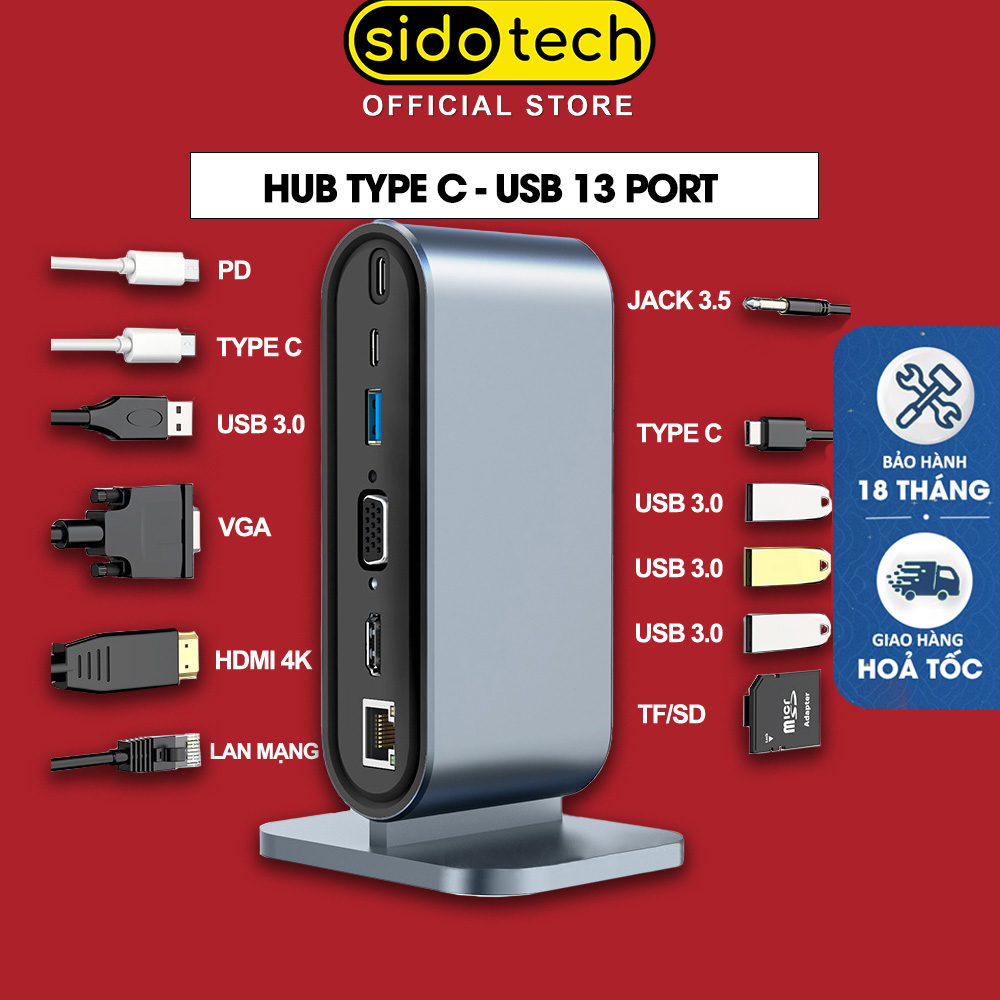 Hub chuyển đổi Type C USB 3.0 SIDOTECH trạm hub 13 port mở rông kết nối chia sẻ màn hình dành cho máy tính laptop pc máy in  máy chiếu có cổng HDMI VGA cổng mạng sạc nhanh - Hàng chính hãng