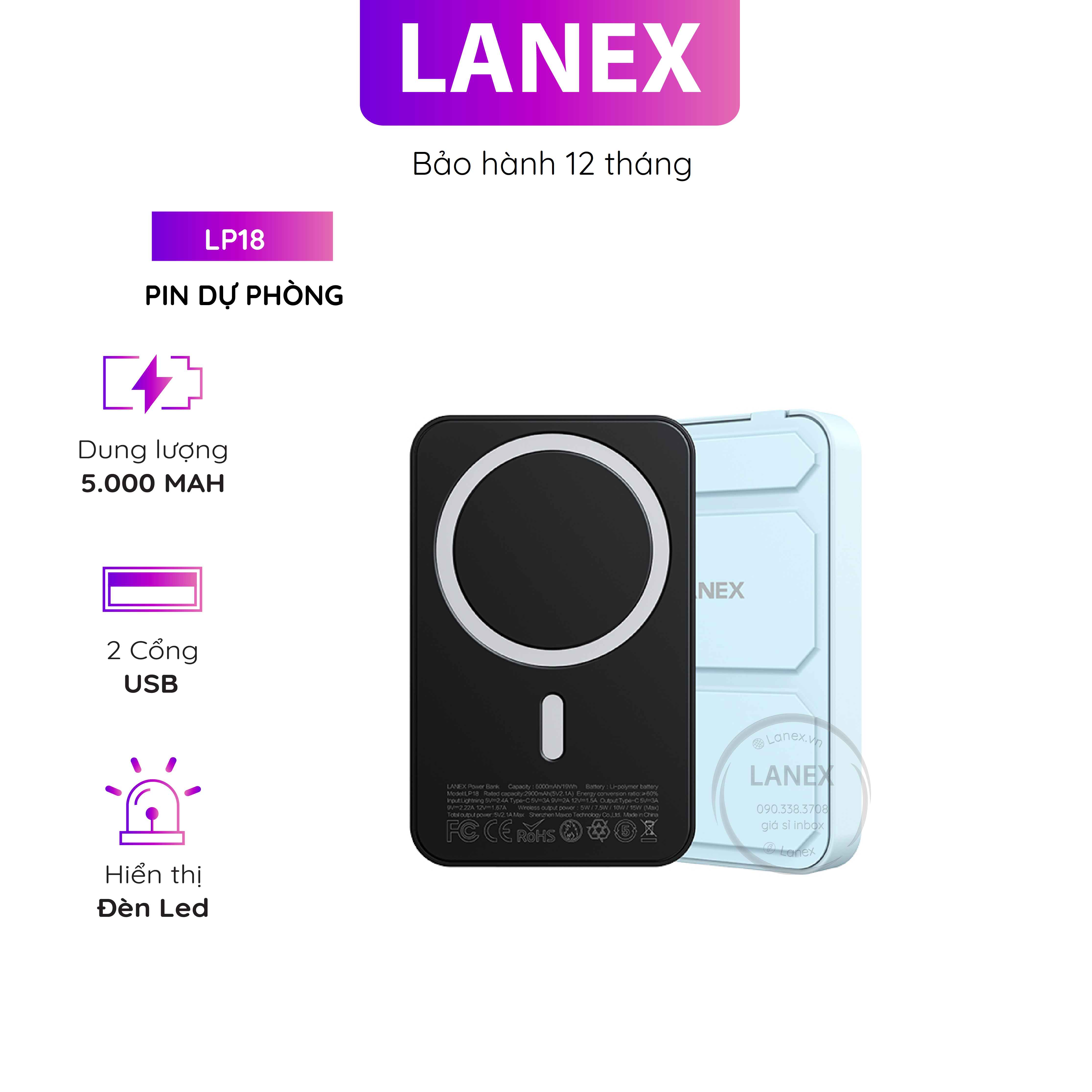 Pin Dự Phòng Lanex Lp18 1 Cổng Type C Pd 20w Tích Hợp Sạc Không Dây 15w 5000mah Giá Đỡ Đèn Led