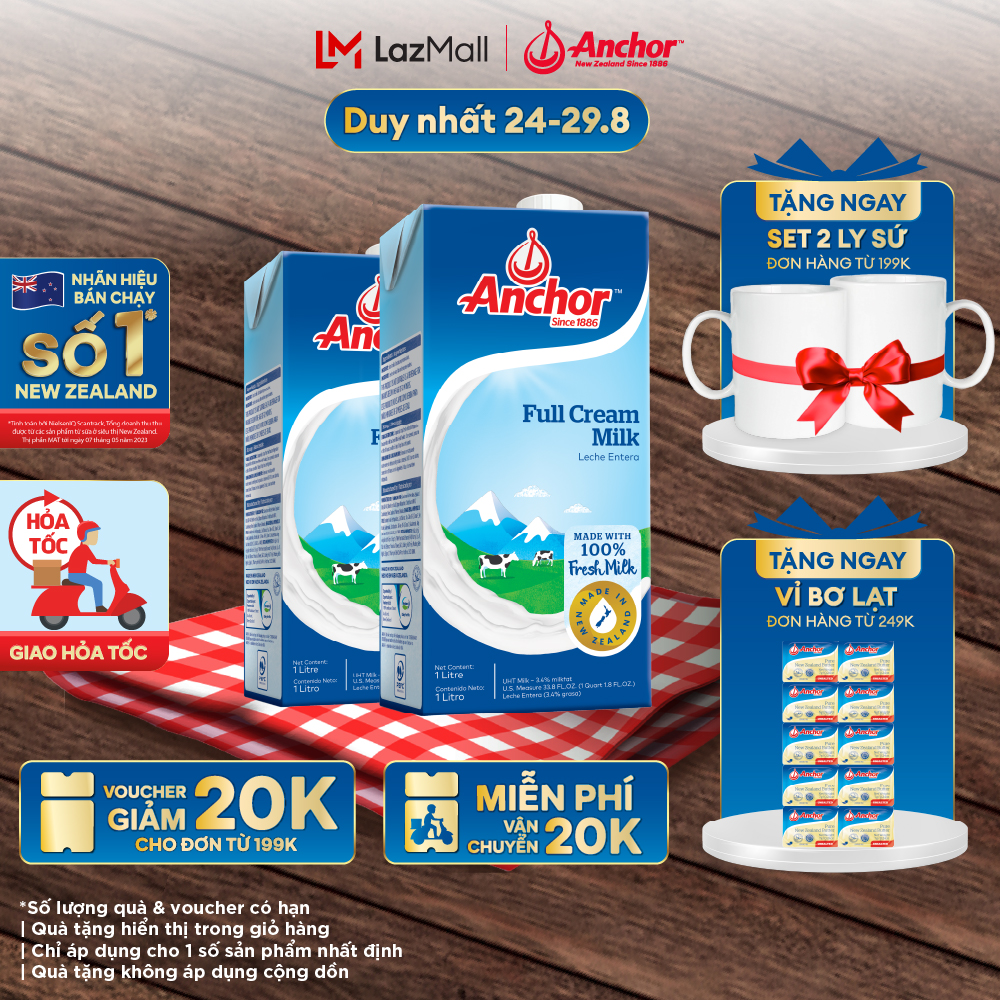 Giảm 20k đơn 199k - combo 2 sữa tươi tiệt trùng anchor nguyên kem hộp 1 lít