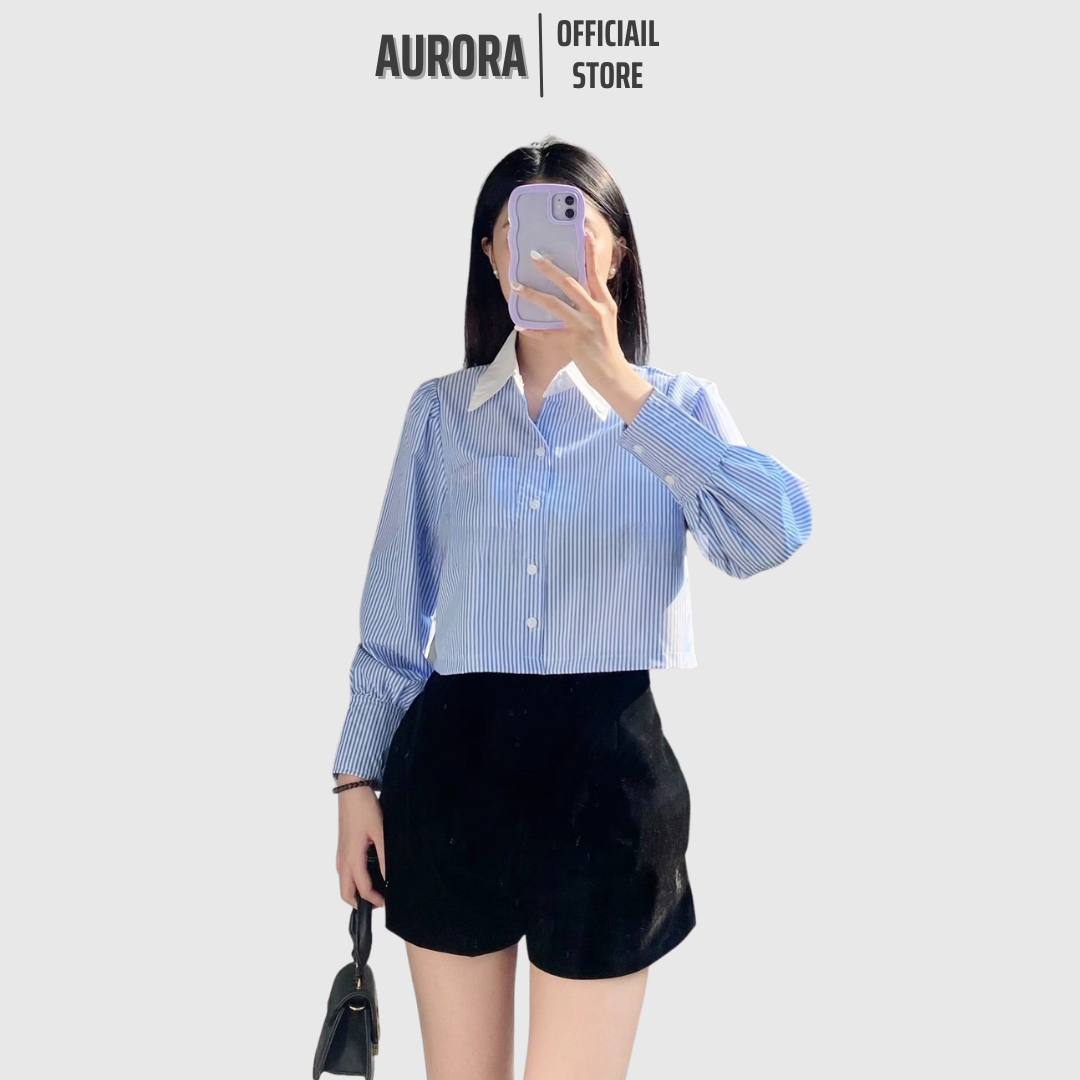 Áo sơ mi croptop màu xanh kẻ mix cổ trắng dáng ngắn thời trang AURORA