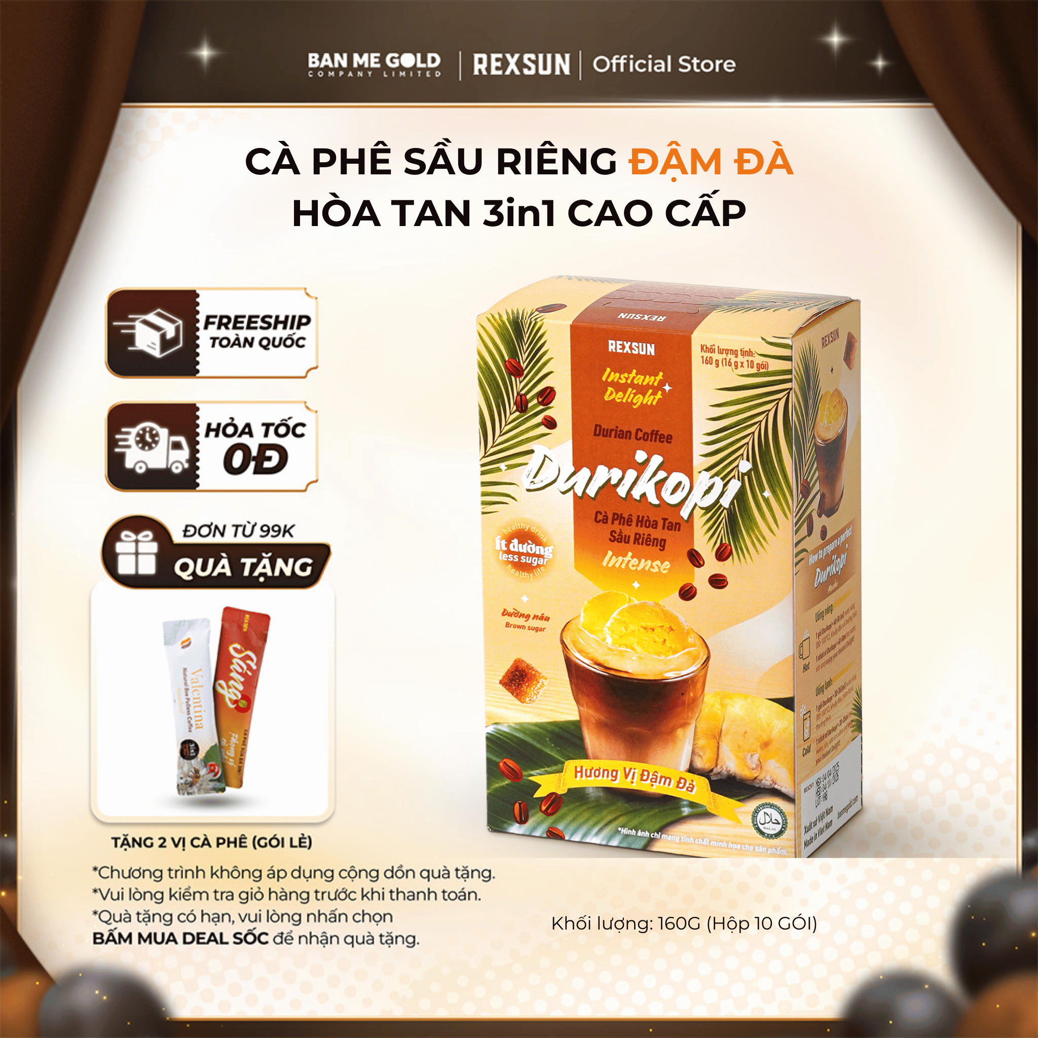   TẶNG GÓI LẺ  Cà Phê Sầu Riêng ĐẬM ĐÀ - Hộp 160g  10 gói  - Cafe 3in1 Hoà Tan Cao Cấp - Chính Hãng Ban Me Gold - Rexsun 