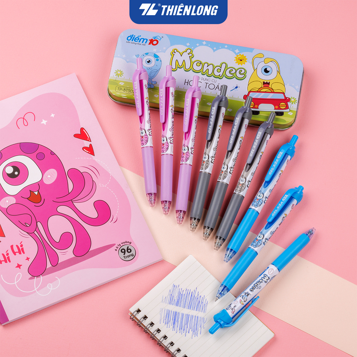 Combo 5/10/20 Bút Gel xóa được Thiên Long TP-GELE003, ngòi 0.5mm, mực xanh/tím/đen, thân bút có họa tiết hoạt hình