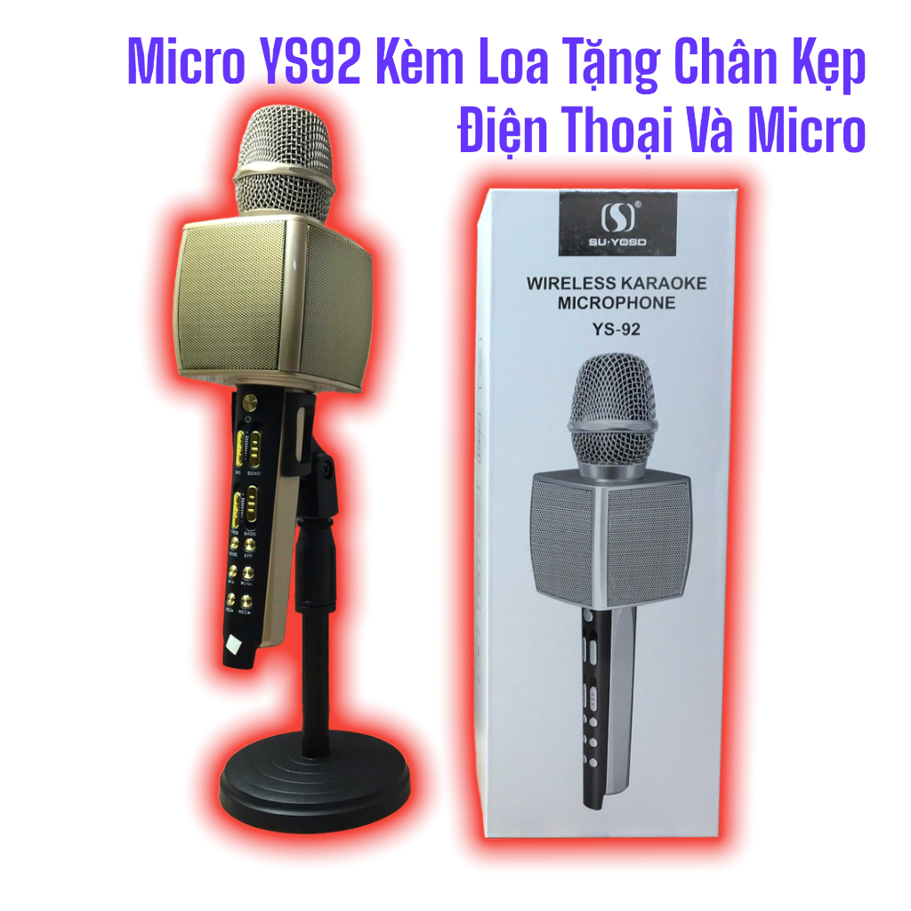 [Tặng Kèm Chân Kẹp Điện Thoại-Micro] Micro Karaoke Kèm Loa Bluetooth Thế Hệ Mới YS92 3 Trong 1 Hỗ Trợ Luyện Giọng Tại Nhà Chỉnh Được Bass Treble Trên Micro YS 92