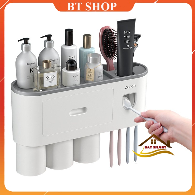 Bộ Nhả Kem Đánh Răng Tự Động, Kệ Để Đồ Nhà Tắm Dính Tường Siêu Chắc Chắn ( Tặng Kèm Miếng Dán siêu dính)