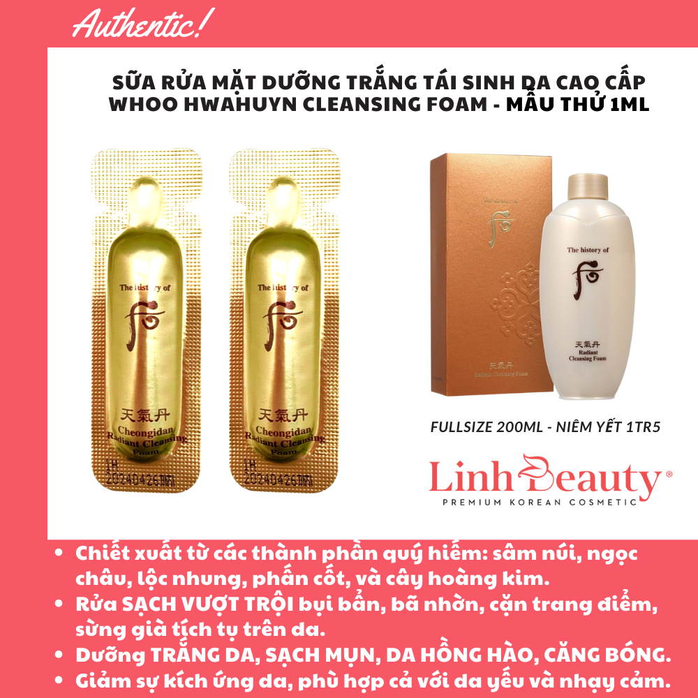 Combo 10 Gói Sữa rửa mặt dưỡng trắng tái sinh da cao cấp Whoo Hwahuyn Cleansing Foam - Mẫu thử 1ml