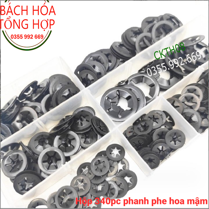 Vòng chặn trục. Hộp 340pc phanh phe hoa mận phanh trục, vòng phe, phe gài trục, vòng chặn ngoài, long đen, vòng đệm