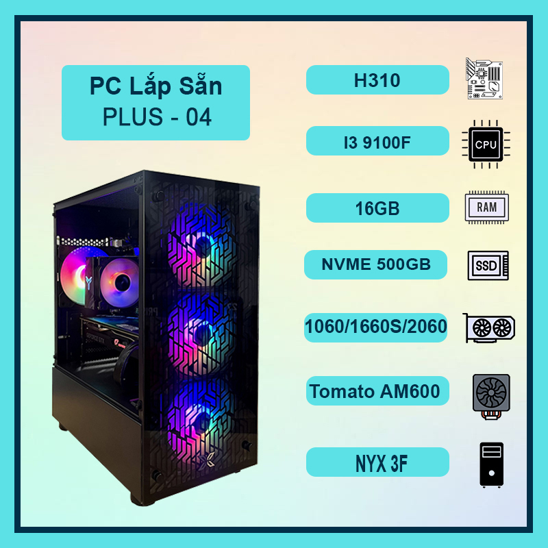 Thùng máy tính pc gaming và làm việc plus-04, core i3 9100f, vga 1060/1660s/2060, 16gb ram, ssd 500gb
