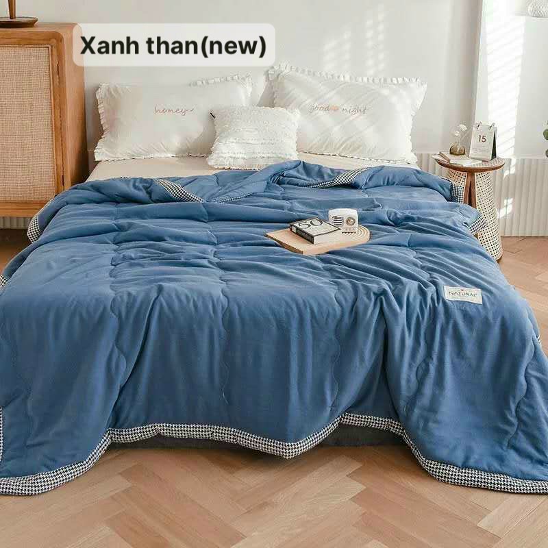 Chăn mền chăn zaza vải cotton đũi màu xanh than