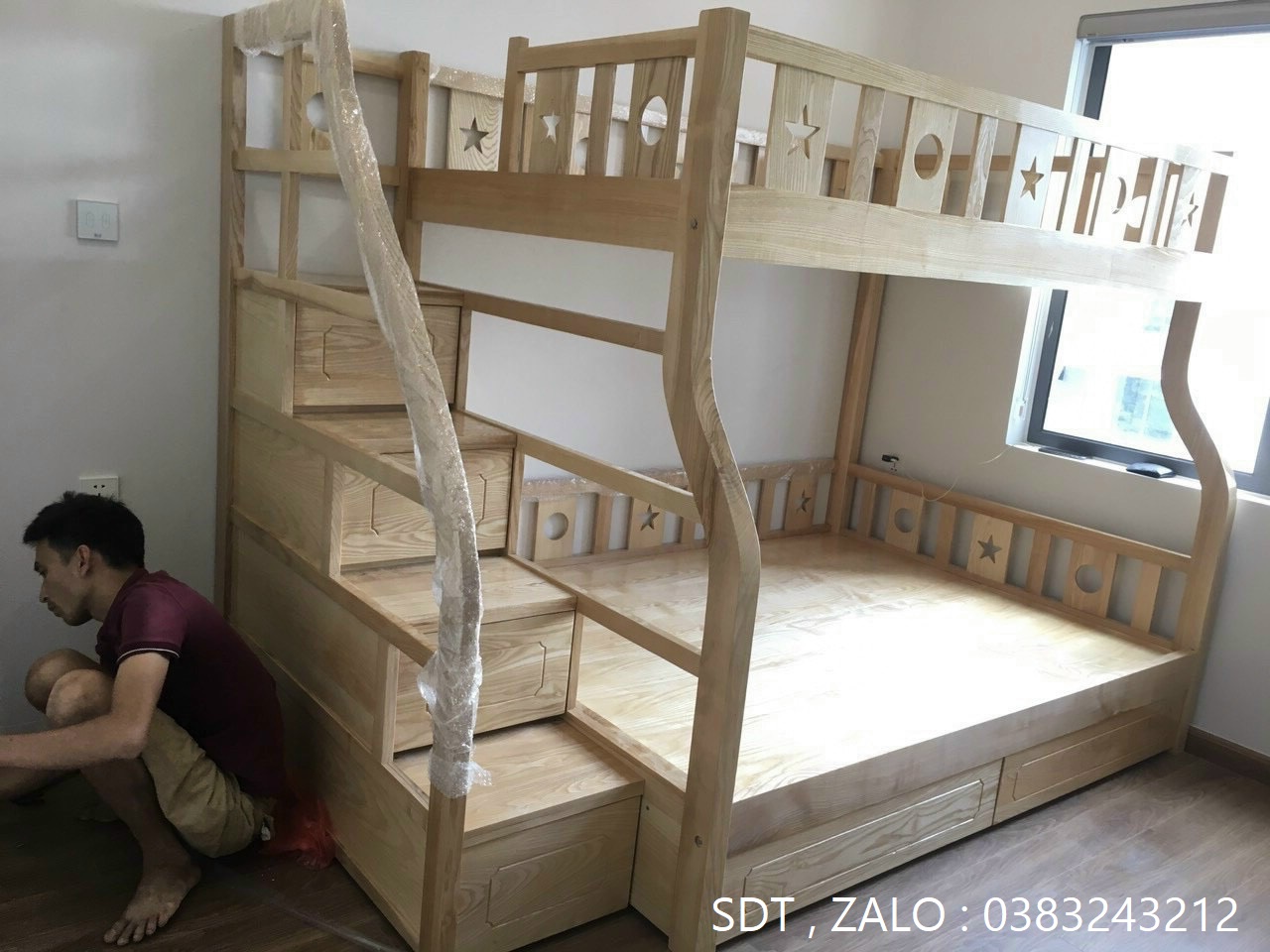 giường ngủ gỗ sồi 2 tầng ,giường sồi ảnh thật 100%