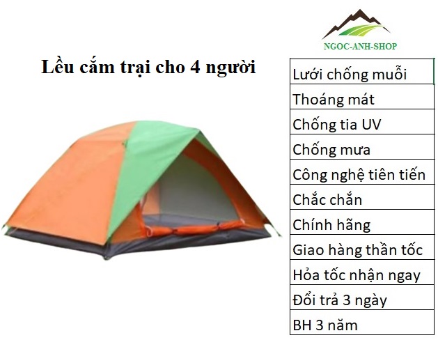 Lều cắm trại cho 4 người, lều du lịch 4 người 2 lớp chất lượng cao