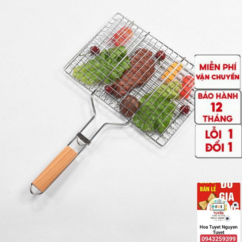 Vỉ nướng inox, kẹp nướng thịt, chả, nướng thực phẩm than hoa cao cấp cán gỗ