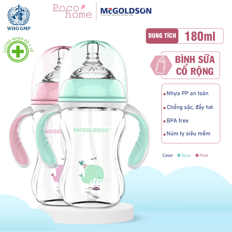 Bình sữa cho bé nhựa PP an toàn, Cổ Rộng Cao Cấp McGOLDSON 180ml Có Van Chống Sặc