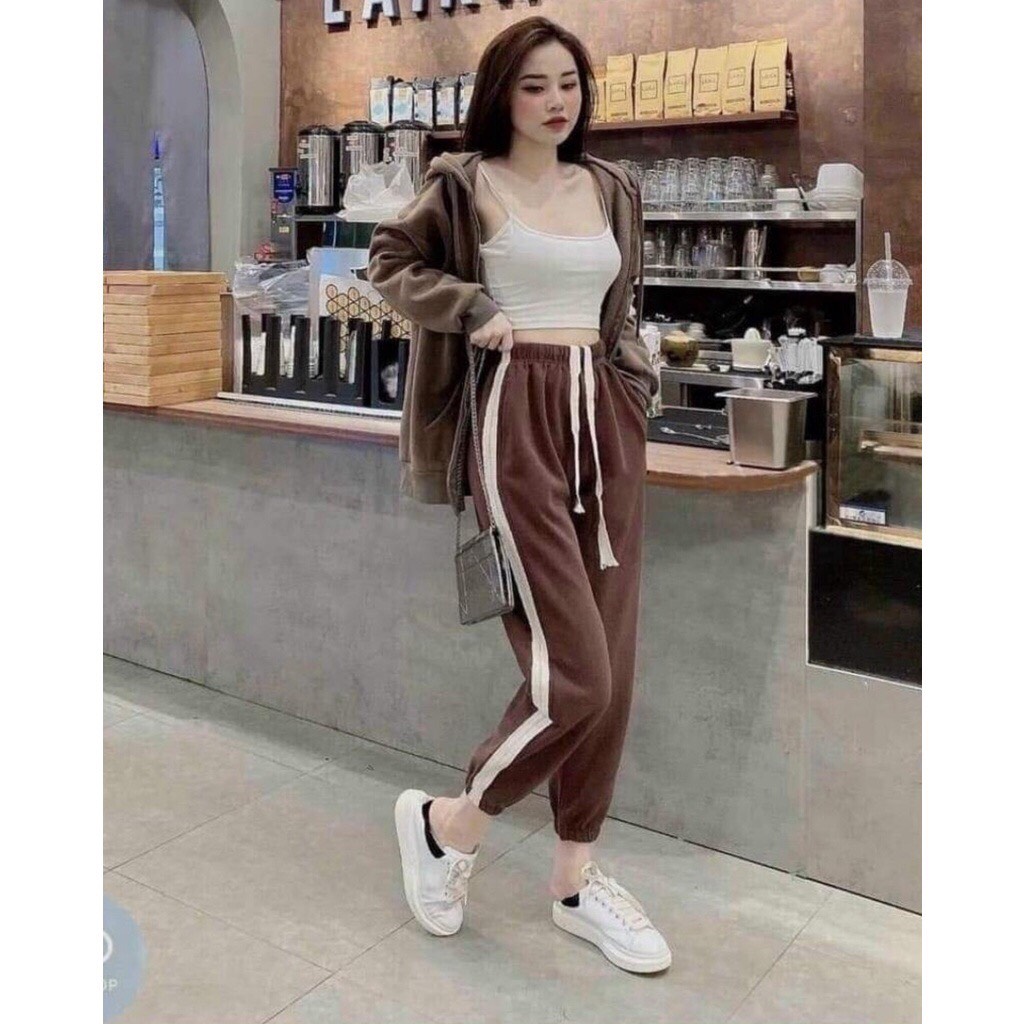 Quần Jogger nữ bo gấu phối sọc có dây rút nỉ tăm loại 1, Quần nỉ tăm nữ sọc viền có dây rút bo gấu
