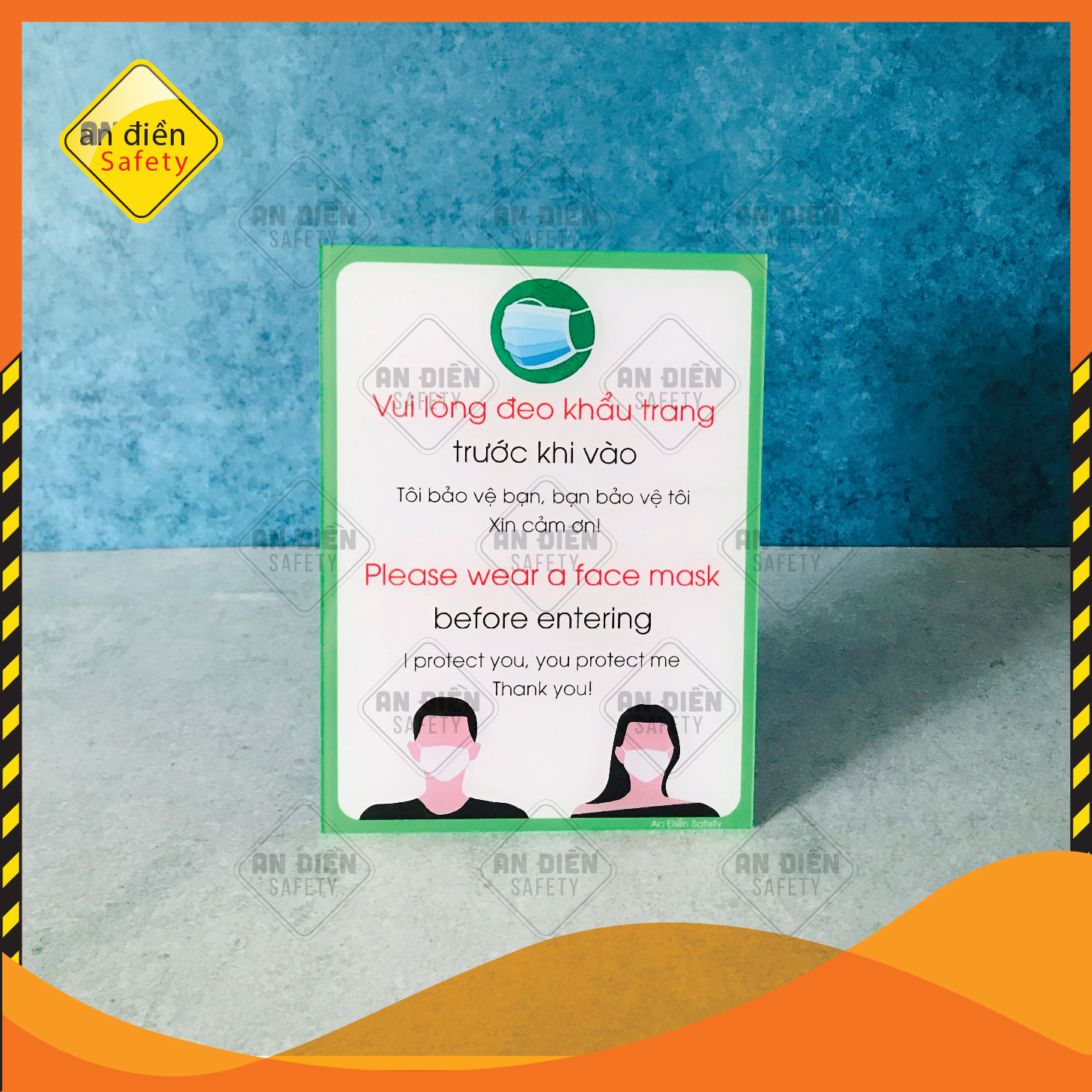 [HCM]Biển báo An Điền Safety - Biển báo Bắt buộc Đeo khẩu trang - KT:15x20cm bằng mica cao cấp. Tặng kèm miếng dán keo 3M